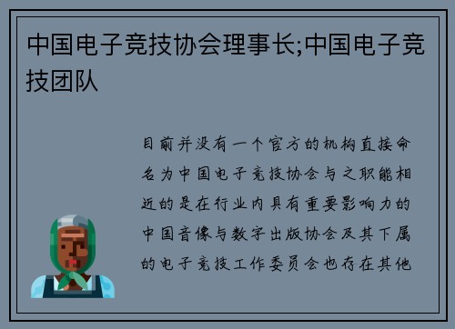 中国电子竞技协会理事长;中国电子竞技团队